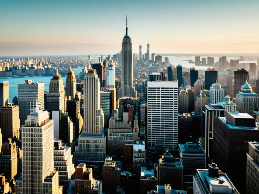 Una fotografía en blanco y negro del skyline de Nueva York, mostrando la evolución arquitectónica con edificios históricos y modernos