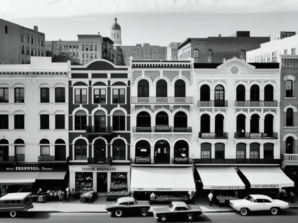 Una fotografía en blanco y negro de un vecindario urbano transformado por intervenciones arquitectónicas