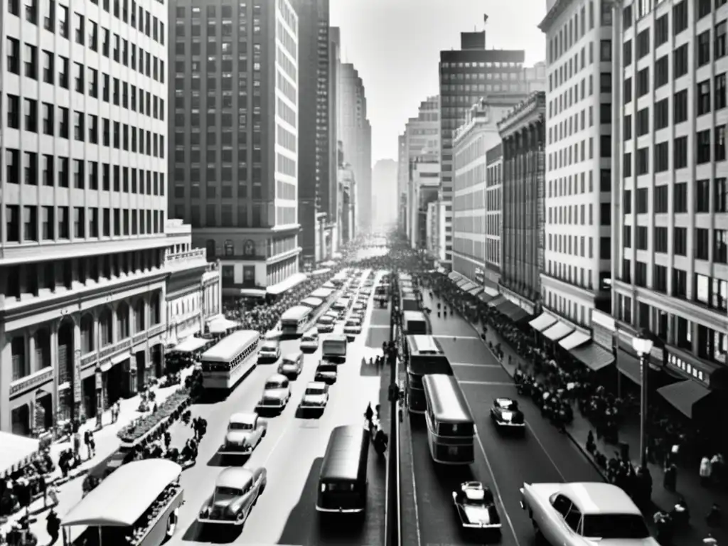 Una fotografía en blanco y negro de la vida cotidiana en rascacielos, capturando la atmósfera histórica y la elegancia urbana