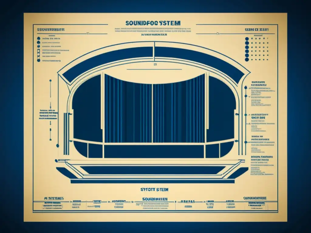 Blueprint de acústica arquitectónica innovadora para sala de conciertos moderna en pergamino envejecido