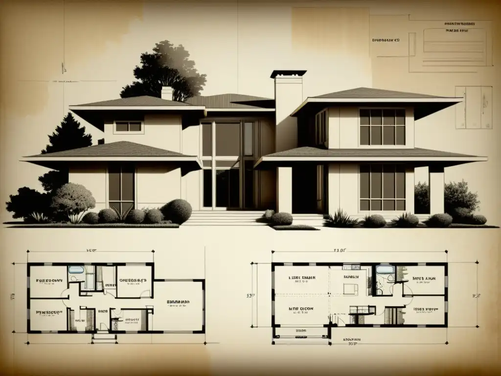 Blueprint antiguo de una casa moderna, con detalles intrincados y diseño atemporal del arquitecto famoso para comprar casa