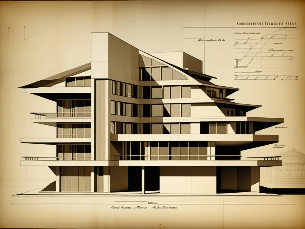 Blueprint deconstructivista evoca innovación en arquitectura deconstructivista con formas imposibles y detalles intrincados en tonos sepia