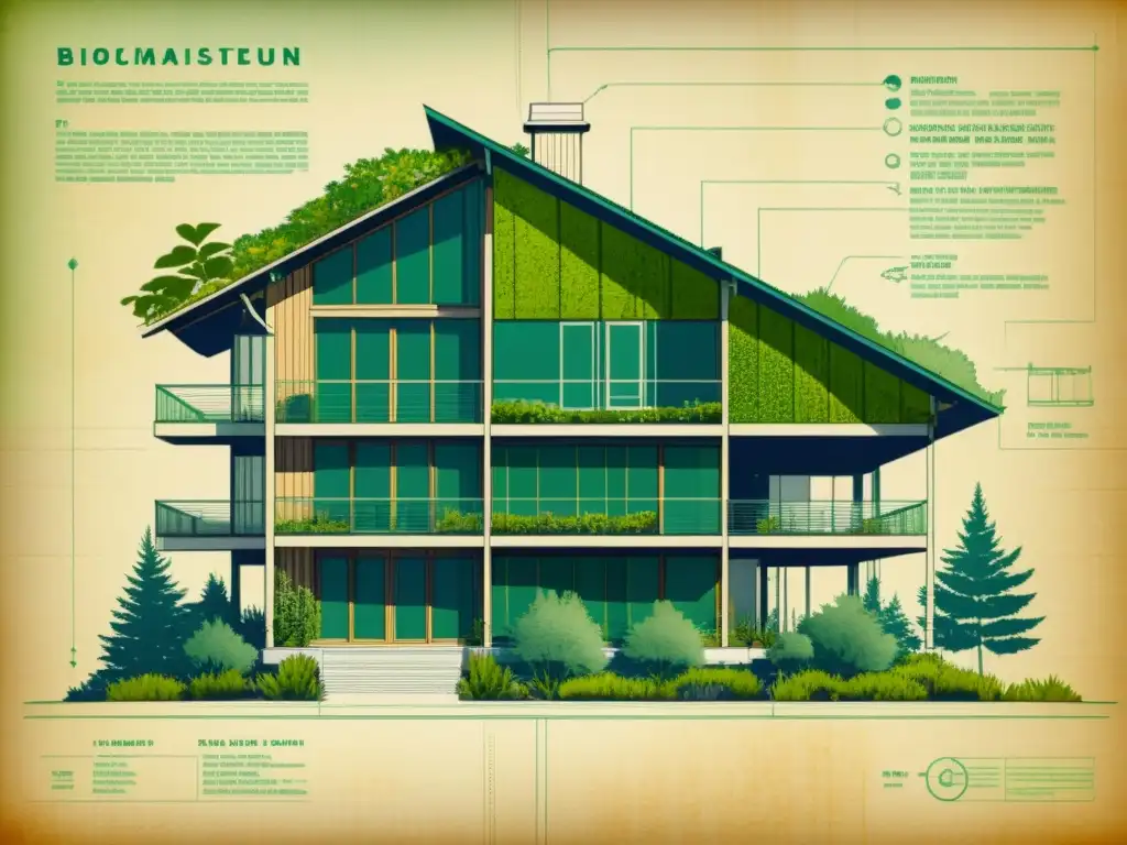 Blueprint de arquitectura sostenible con detalles bioclimáticos y fusión armónica de naturaleza y diseño