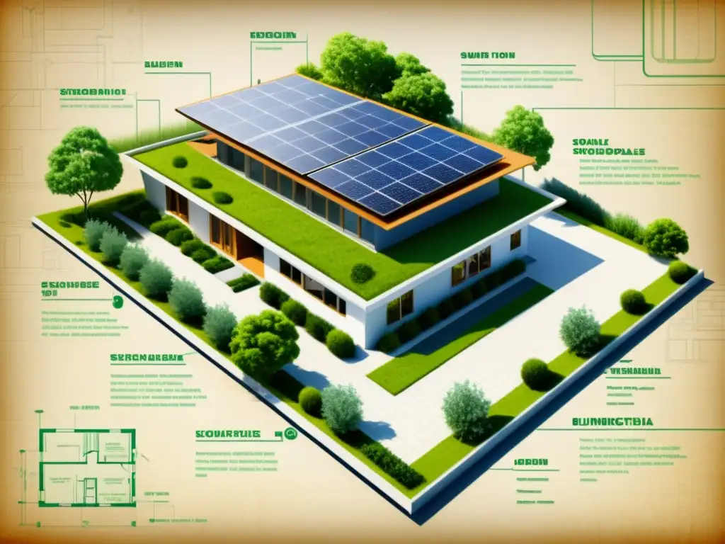 Blueprint de arquitectura sostenible con diseño moderno e integración de espacios verdes, paneles solares y sistemas de recolección de agua de lluvia