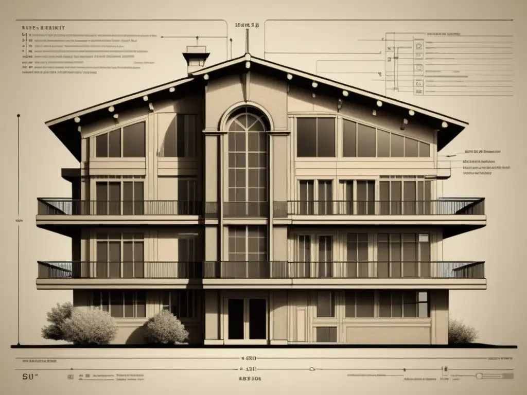 Blueprint de arquitectura vintage con detalles de nanotecnología en arquitectura inteligente