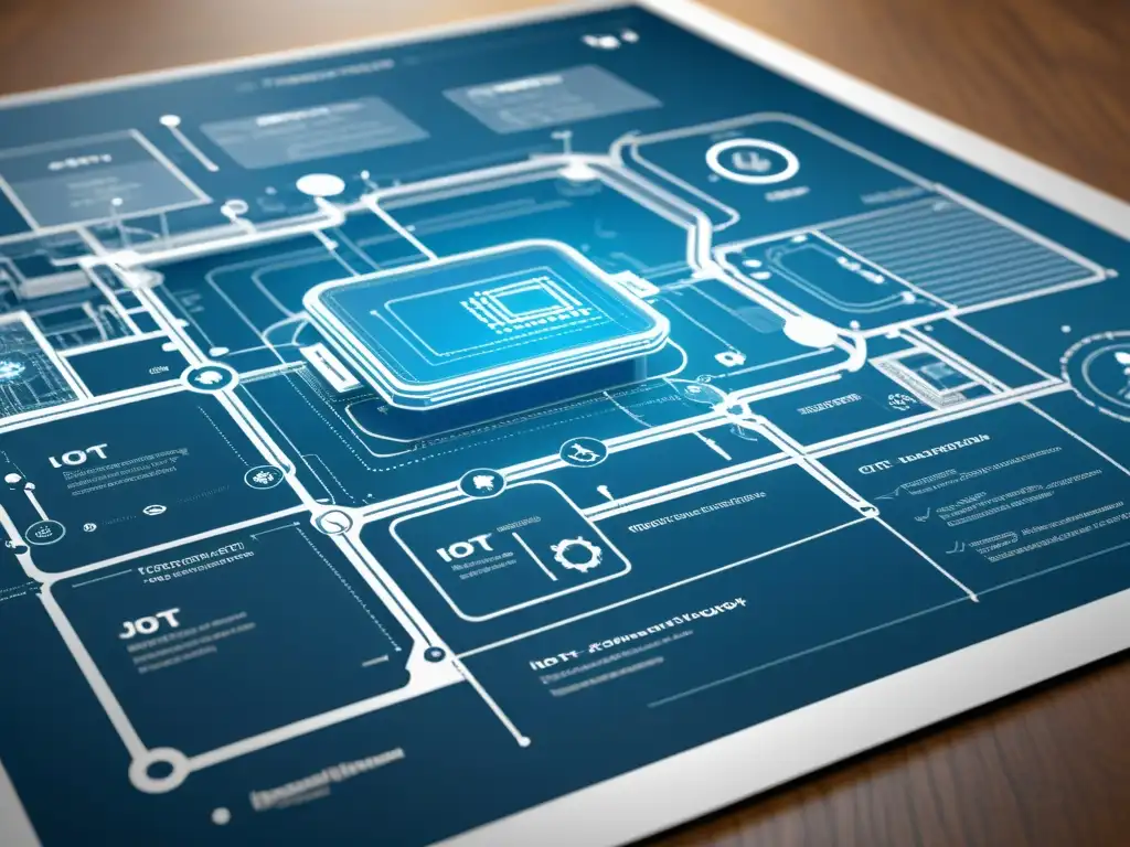 Blueprint de arquitectura vintage con IoT integrado en edificio moderno, reflejando la integración de IoT en la arquitectura contemporánea