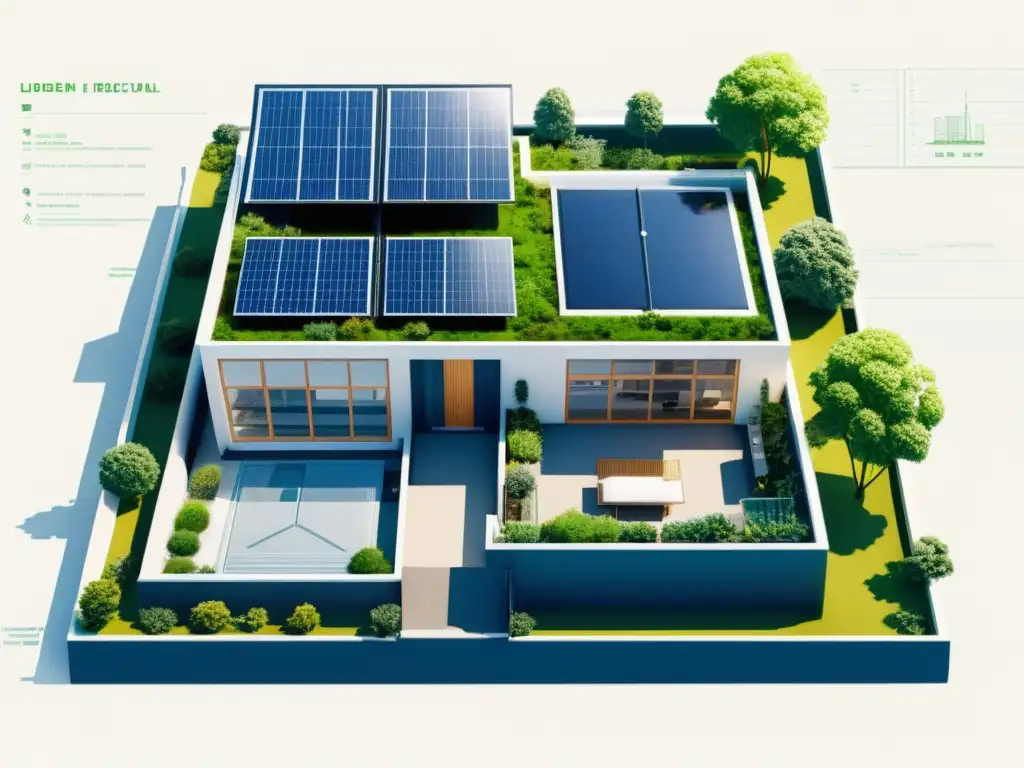 Blueprint detallado de edificio moderno construido con plásticos recuperados, integrando prácticas sostenibles en la ciudad