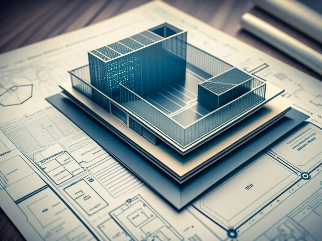 Blueprint detallado y envejecido con diseños de edificios de grafeno, transformando la arquitectura con grafeno