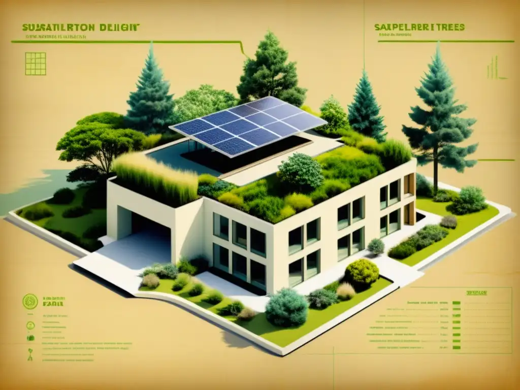 Blueprint de diseño de edificios sostenibles con elementos vintage y detalles naturales