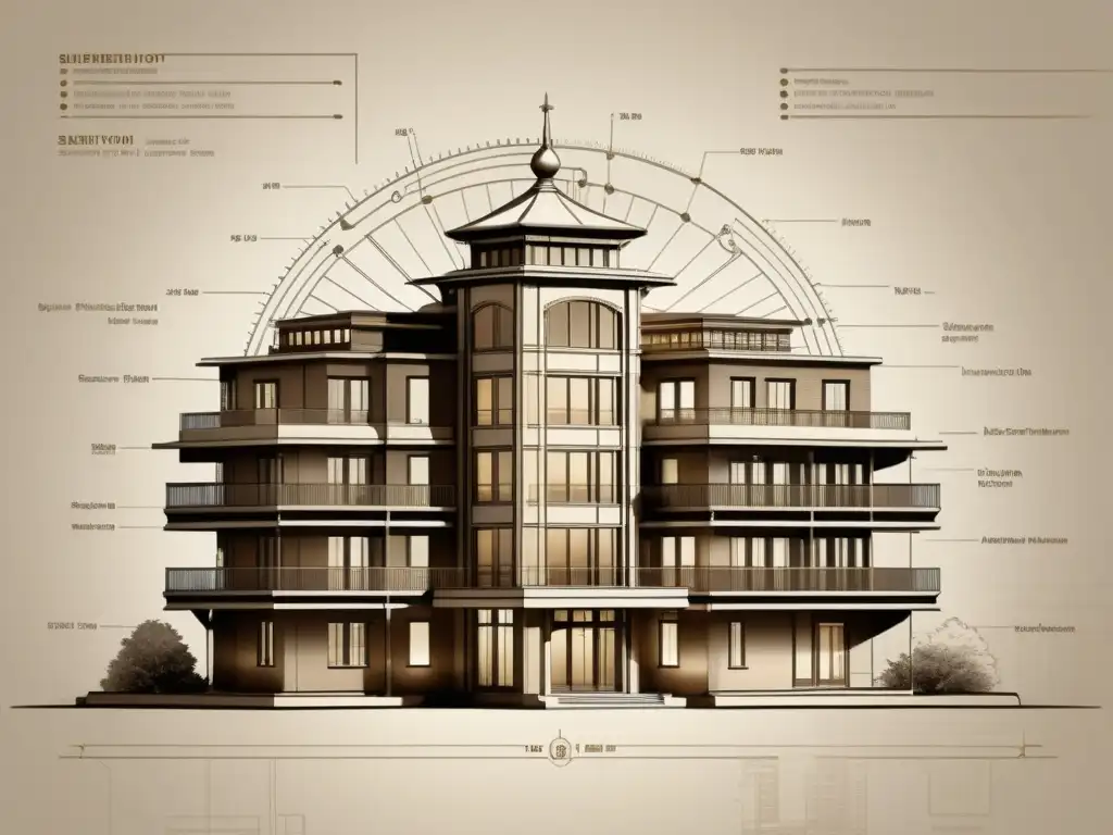 Blueprint de edificio inteligente integrado con IoT en la arquitectura contemporánea, mezclando elegancia atemporal con innovación moderna