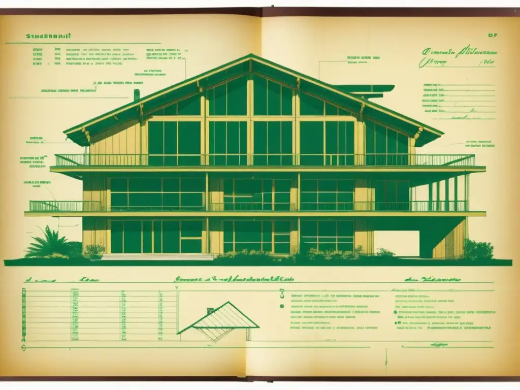 Blueprint de edificio sostenible con anotaciones a mano, evocando formación arquitectos conciencia ecológica