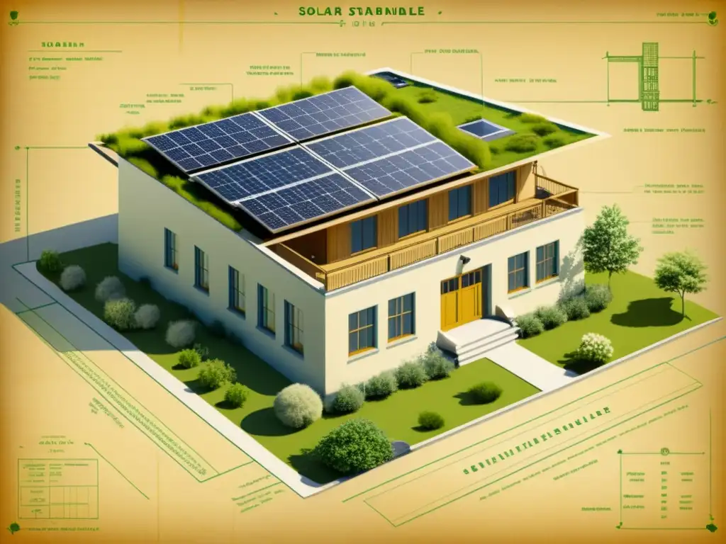 Blueprint en papel envejecido detalla diseño sostenible con paneles solares, recolección de agua de lluvia y techos verdes