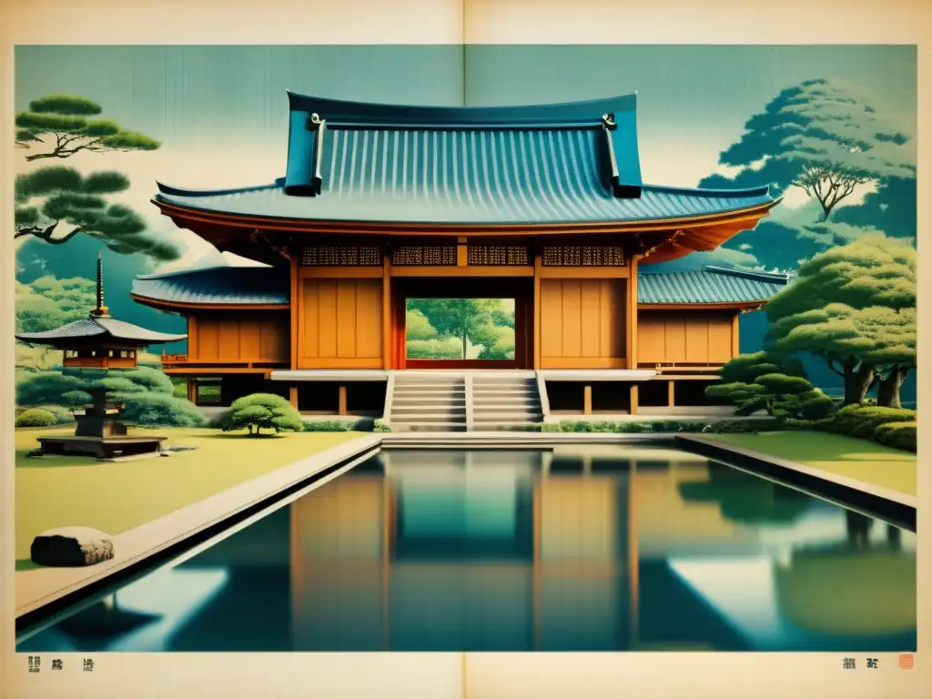 Blueprint de templo japonés con jardín sereno y estanque, reflejando la filosofía del espacio en arquitectura japonesa