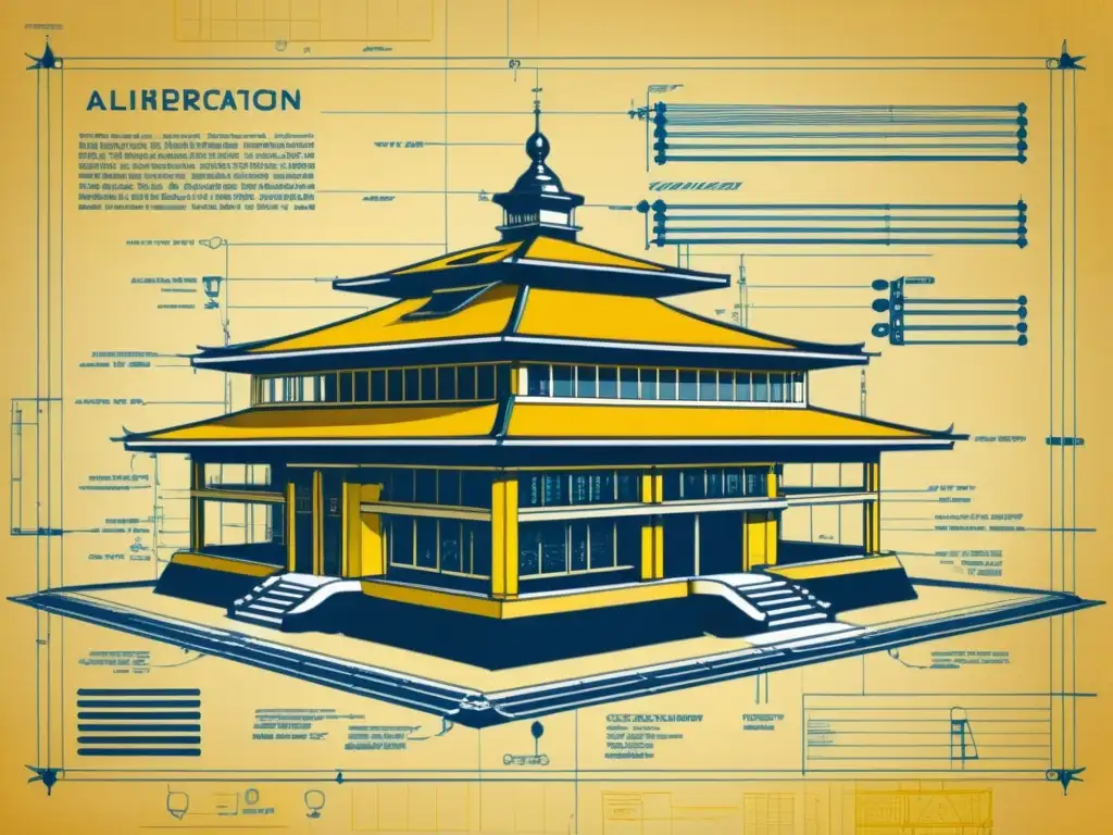 Blueprint vintage de diseño arquitectónico automatizado, con detalles tecnológicos y toques históricos