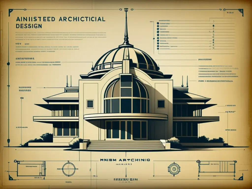 Blueprint vintage de diseño arquitectónico futurista con detalles AI integrados, en tonos sepia con anotaciones manuscritas