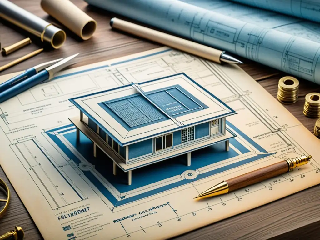 Blueprint vintage de diseño arquitectónico moderno con detalles intrincados y anotaciones en tinta desvaída, sobre mesa de dibujo de madera envejecida, evocando artesanía atemporal y manejo de información arquitectura contemporánea