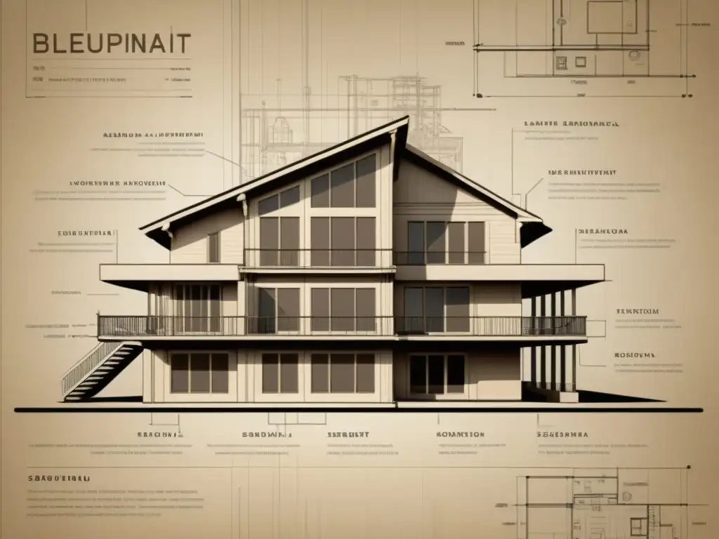 Blueprint vintage de diseño arquitectónico sostenible con integración de machine learning en sepia, fusionando tradición e innovación