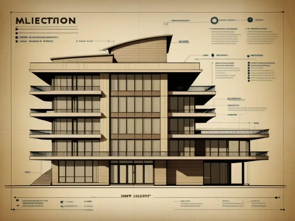 Blueprint vintage de arquitectura automatizada con materiales inteligentes en tono sepia evocando historia y evolución en diseño innovador