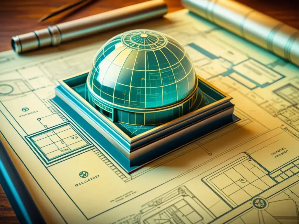 Blueprint vintage con certificaciones realidad aumentada arquitectura, diseño futurista envejecido con detalles holográficos