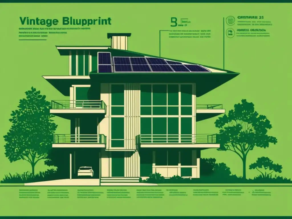 Blueprint vintage detallado con simulaciones de impacto ambiental en arquitectura y diseño sostenible, evocando armonía atemporal