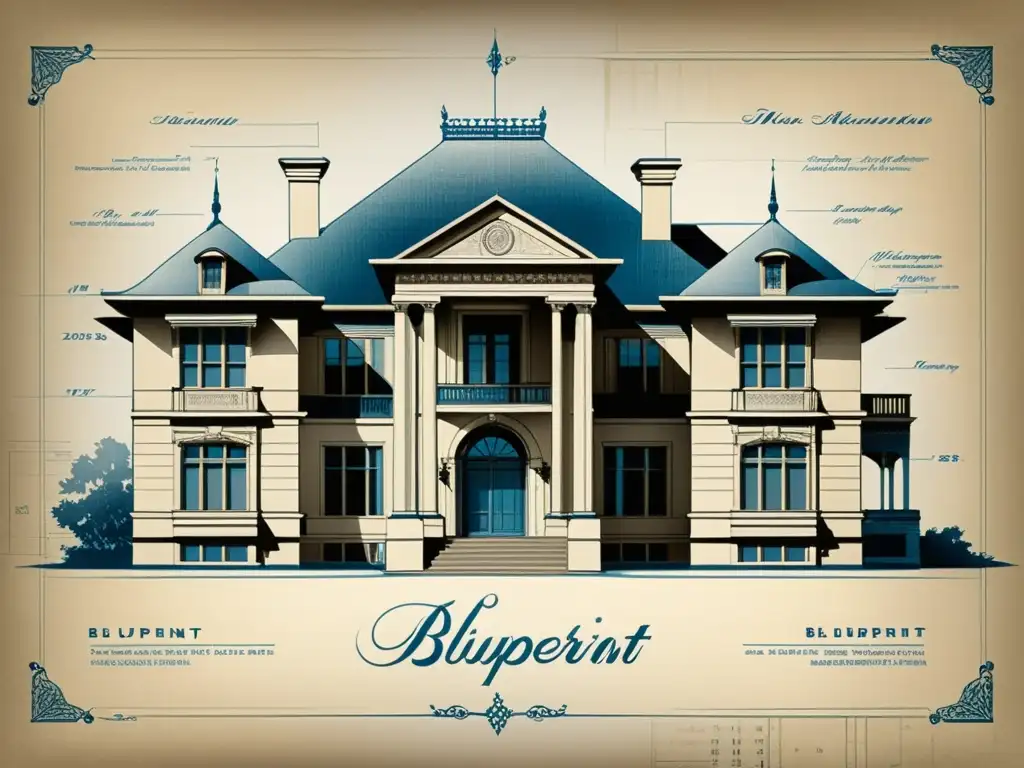 Blueprint vintage con detalles arquitectónicos, tonos sepia y caligrafía elegante, capturando la inteligencia artificial en arquitectura histórica