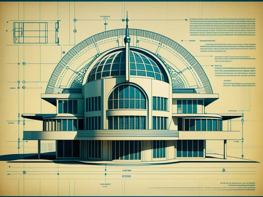 Blueprint vintage con detalles intrincados y patrones de machine learning, fusionando tradición y tecnología en diseño arquitectónico