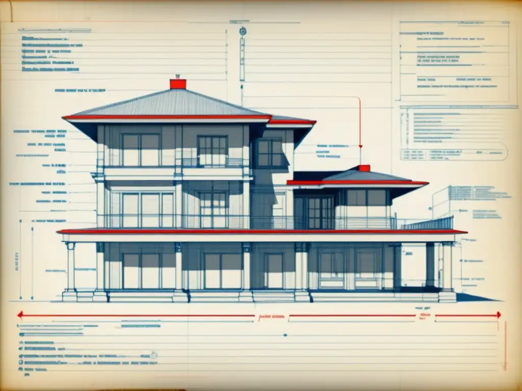 Blueprint vintage con detalles a mano y errores en el uso de BIM resaltados en rojo, evocando trabajo en equipo y solución de problemas