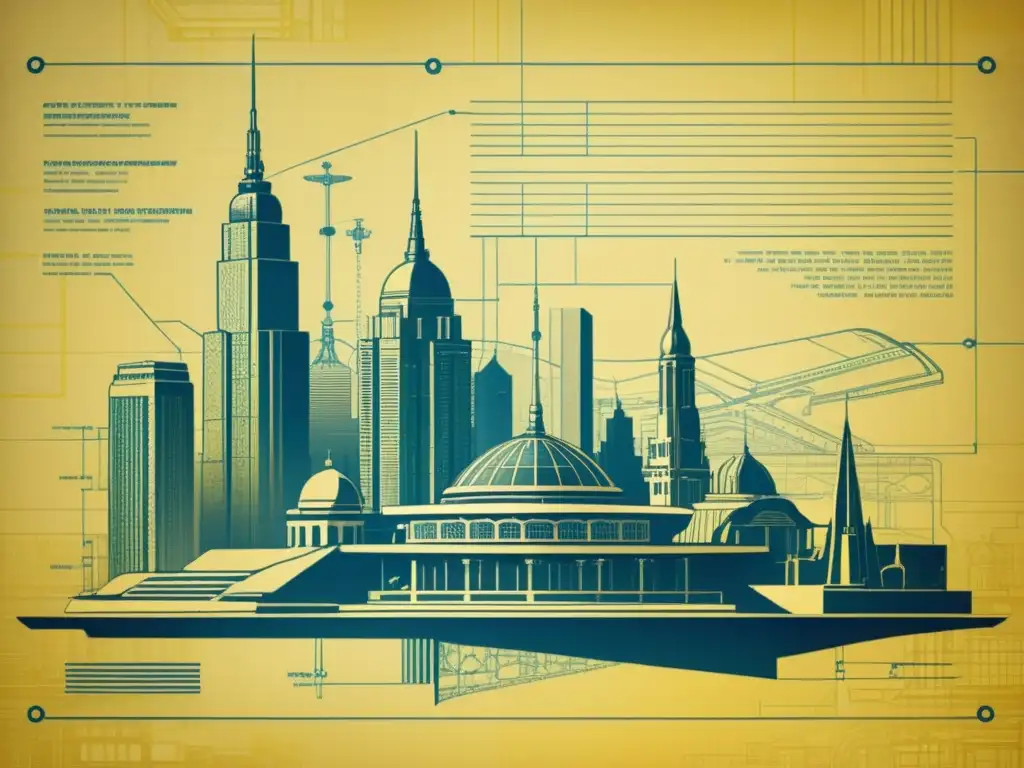 Blueprint vintage con diseño arquitectónico futurista y elementos de machine learning integrados en líneas y patrones geométricos