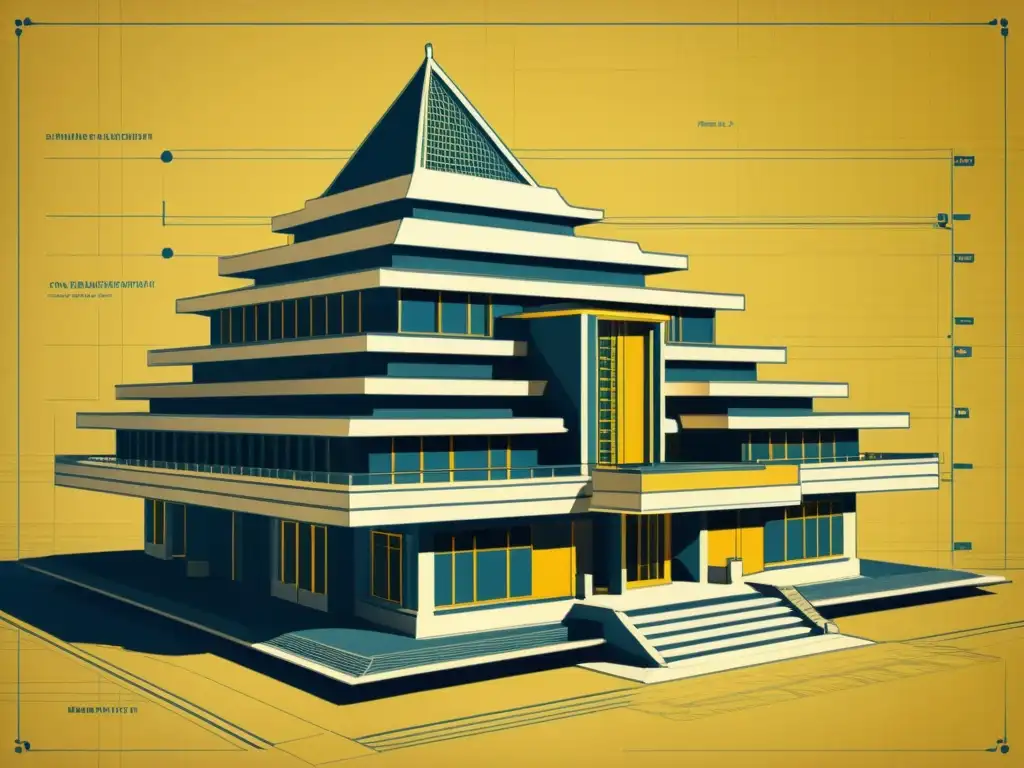 Blueprint vintage de diseño futurista integrado con inteligencia artificial, reflejando innovación en arquitectura