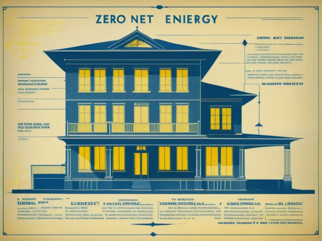 Blueprint vintage de edificio de energía cero con diseño arquitectónico detallado y materiales sostenibles, destacando innovaciones