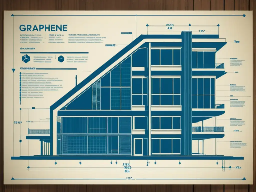 Blueprint vintage de edificio futurista con grafeno, transformando la arquitectura