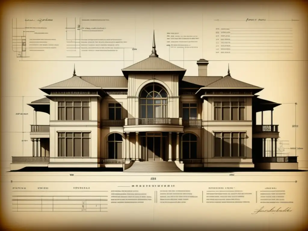 Blueprint vintage de edificio moderno con detalles intrincados en tonos sepia, evocando la transición al diseño arquitectónico 3D