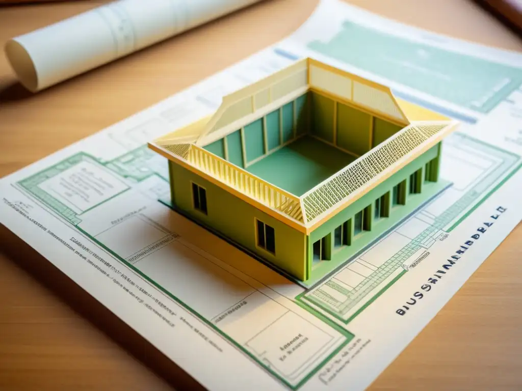 Blueprint vintage de edificio sostenible con aplicaciones prácticas de impresión 3D, fusionando tradición e innovación