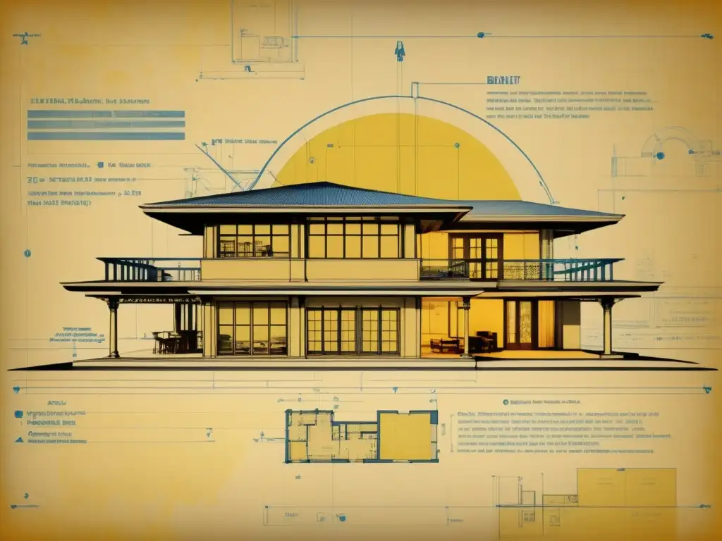 Blueprint vintage con esbozos de plataformas realidad virtual trabajo arquitectónico, fusionando innovación y tradición