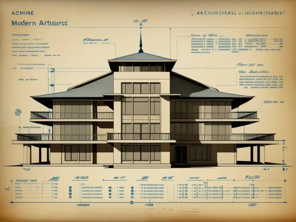 Blueprint vintage de estructura arquitectónica moderna con detalles intrincados y anotaciones de Machine Learning en el diseño arquitectónico