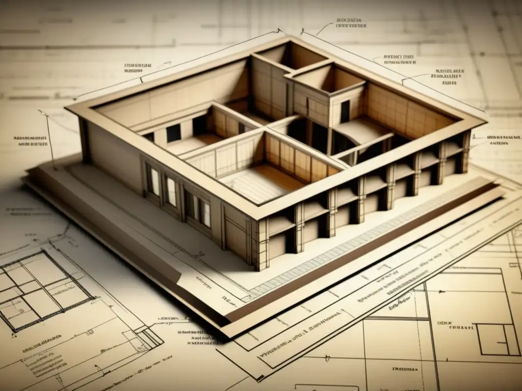 Blueprint vintage de una estructura arquitectónica compleja con detalles detallados y diagramas de análisis de estrés, en tonos sepia desvanecidos