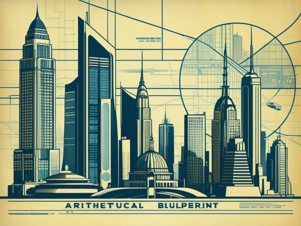 Blueprint vintage de una futurista ciudad, con rascacielos geométricos y sistemas de transporte interconectados