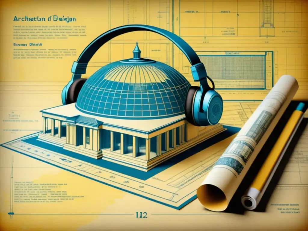 Blueprint histórico con evolución tecnológica Blueprint vintage de un hito con evolución del software de diseño arquitectónico, combinando lo clásico con lo moderno