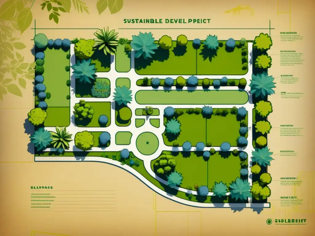 Blueprint vintage de paisajismo sostenible en arquitectura urbana, fusionando naturaleza y diseño contemporáneo con detalles meticulosos