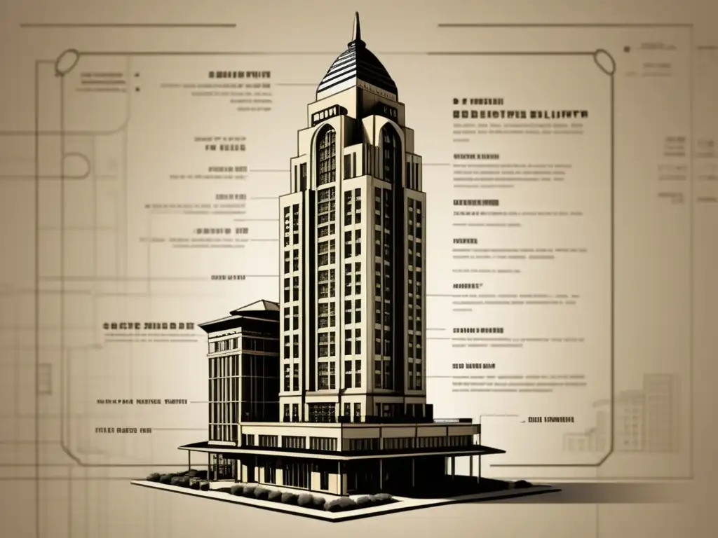 Blueprint vintage de rascacielos moderno integrado con IoT en la arquitectura contemporánea