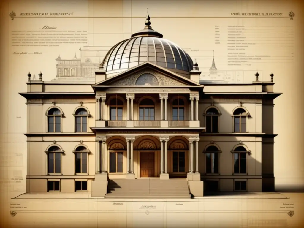 Blueprint vintage de alta resolución de un edificio histórico con realce de realidad aumentada en arquitectura histórica