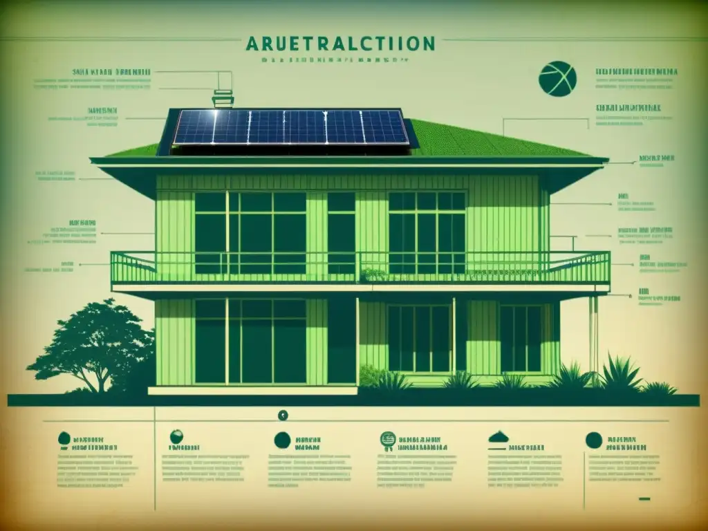 Blueprint vintage de diseño sostenible arquitectura con paneles solares, techos verdes y sistema de recolección de agua