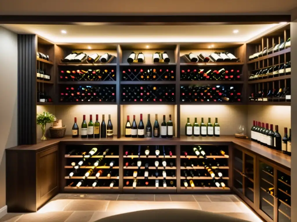 Bodega personalizada en hogar, con estantes de madera oscura, iluminación tenue y variedad de vinos organizados