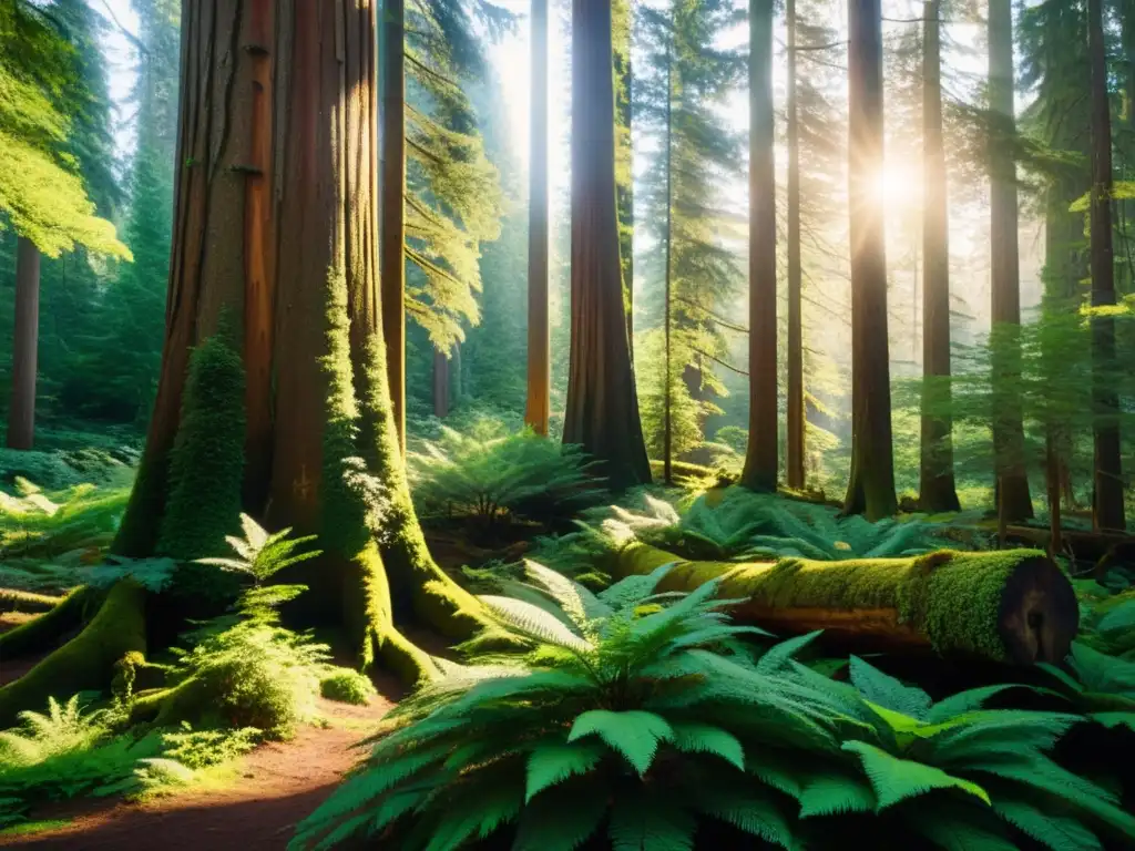 Un bosque exuberante y antiguo bañado por la luz del sol, con árboles imponentes