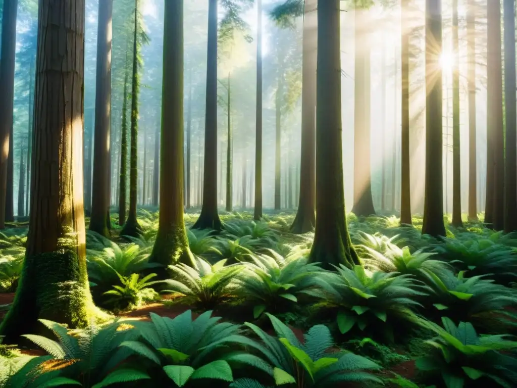 Un bosque exuberante y certificado, con árboles altos y rectos que filtran la luz del sol, reflejando la certificación ambiental madera sostenible