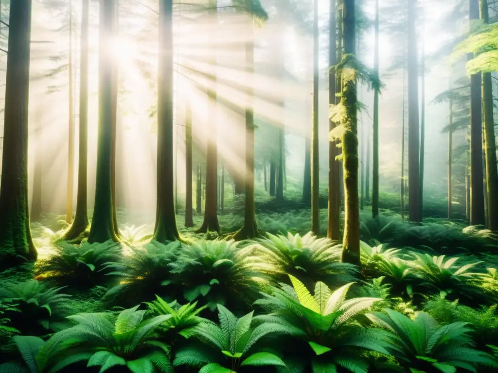 Un bosque exuberante con luz solar filtrándose entre el dosel, evocando la armonía atemporal y el equilibrio ecológico