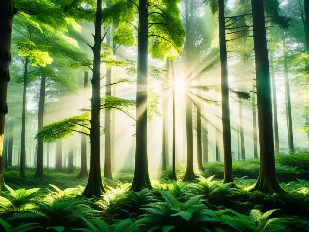 Un bosque exuberante y majestuoso con luz solar filtrándose a través del dosel, resaltando la frondosa vegetación y los árboles imponentes