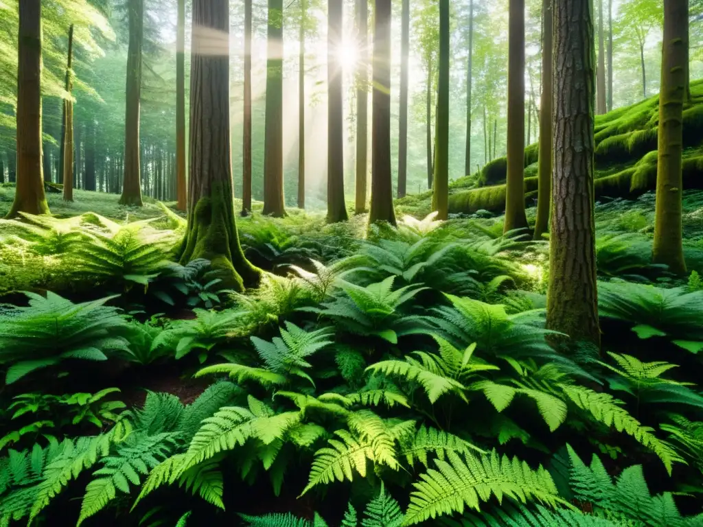 Un bosque frondoso y vibrante, bañado por la luz del sol, evocando la importancia de la madera certificada para arquitectura sostenible