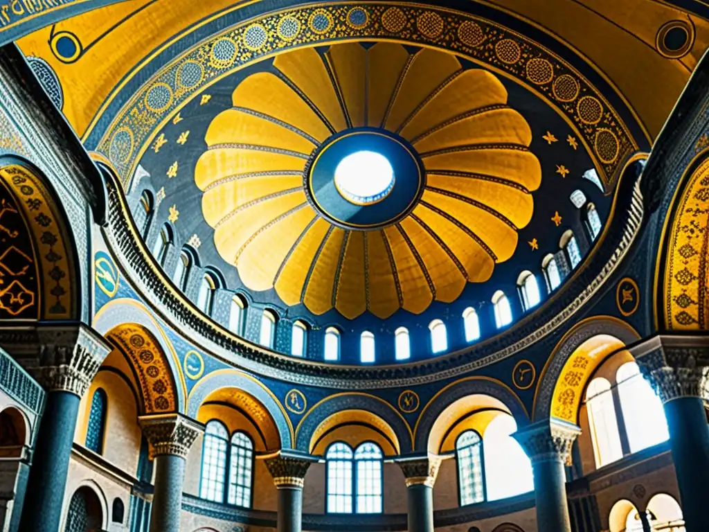 Innovación en bóvedas bizantinas: Detalle de la arquitectura intrincada de la Hagia Sophia, con juegos de luz y sombra en el techo abovedado