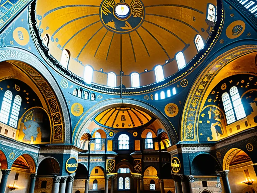 Innovación en bóvedas bizantinas: Detalle interior de Hagia Sophia con mosaicos, cúpula y juego de luces y sombras